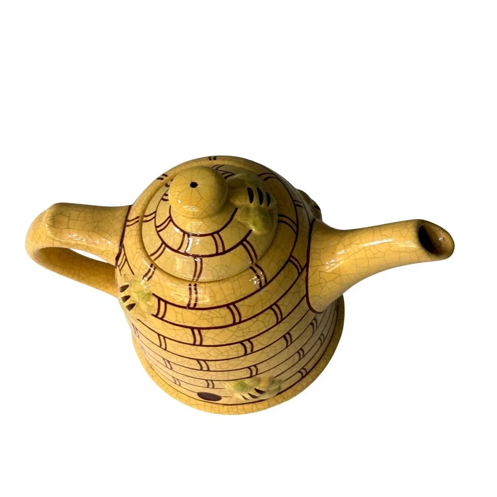 Vintage Beehive Skep Ceramic Teapot Yellow Crackle Glaze with Honeybee Accents